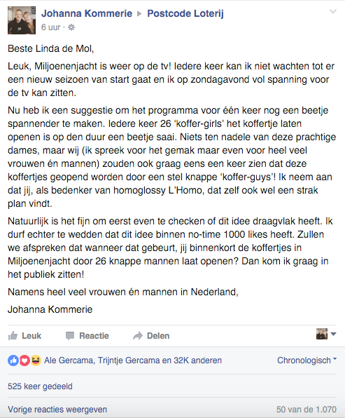 Johanna Kommerie vraagt Linda de Mol om koffer-guys